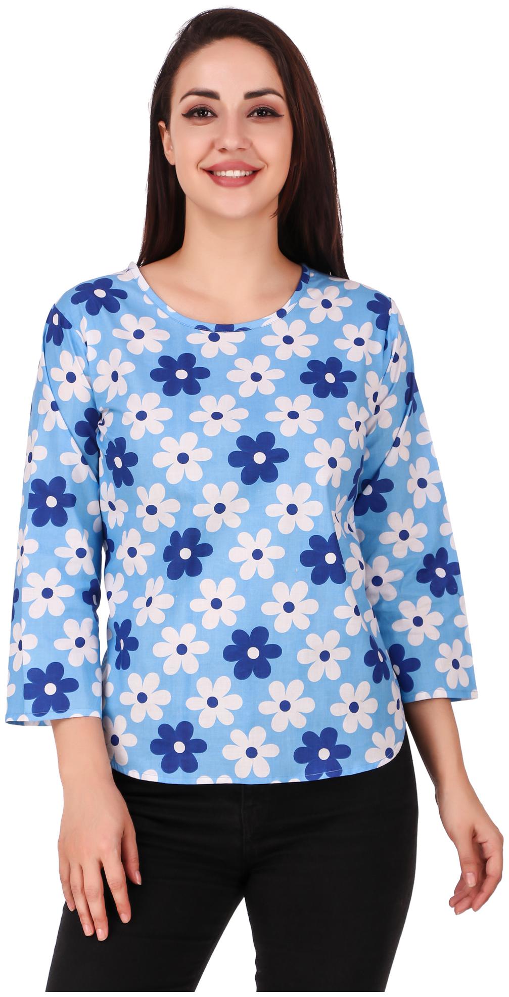

FASHOPEDIA Women Blue Regular fit Round neck Cotton T shirt