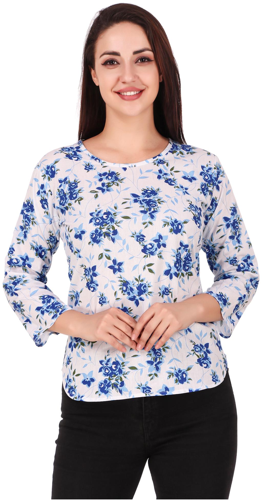 

FASHOPEDIA Women White Blue Regular fit Round neck Cotton T shirt