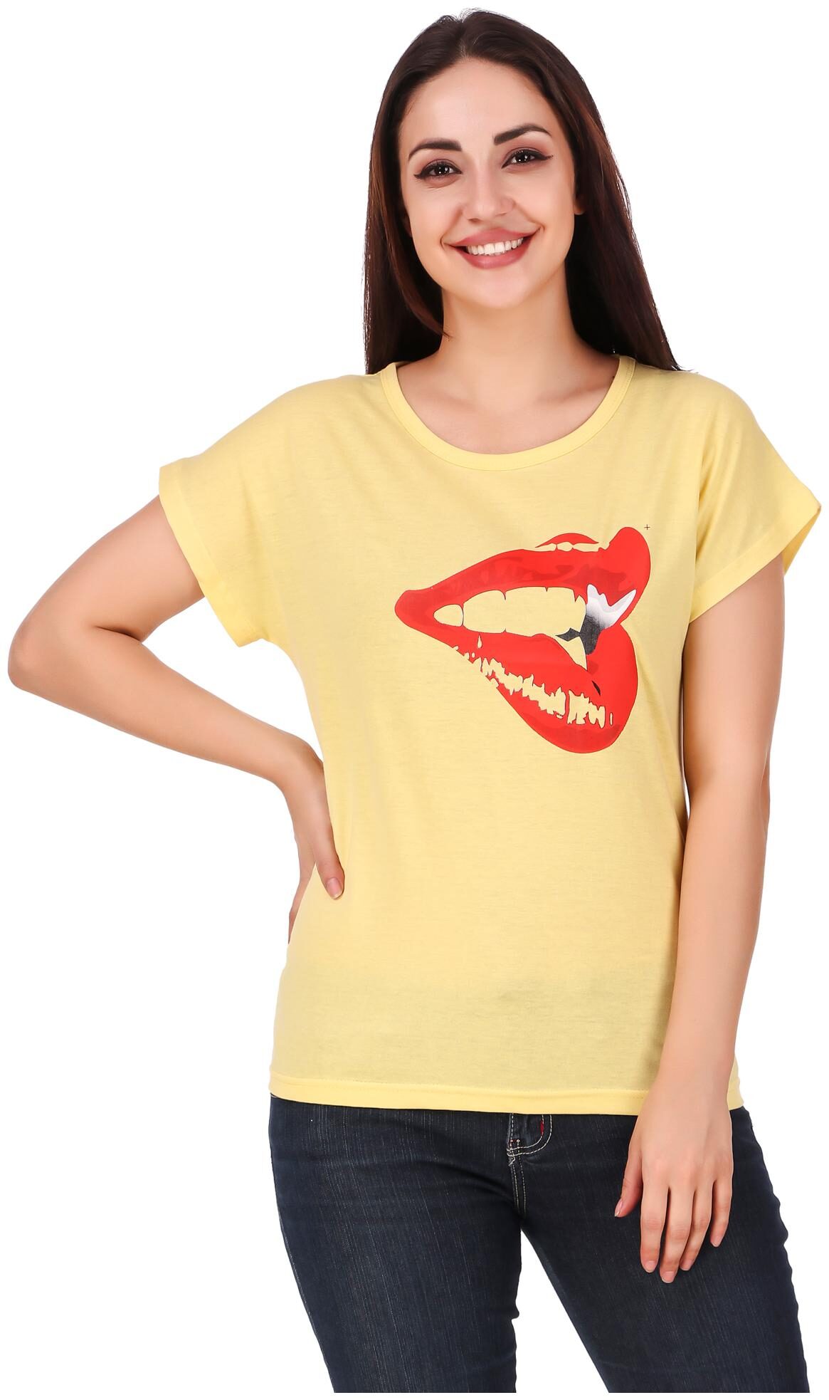 

FASHOPEDIA Women Yellow Regular fit Round neck Cotton T shirt