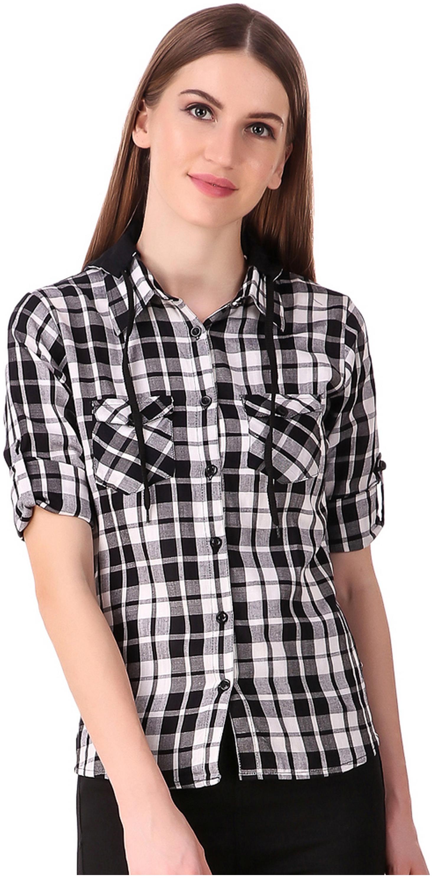 

Fasnoya Women Black White Checked Slim Fit Shirt