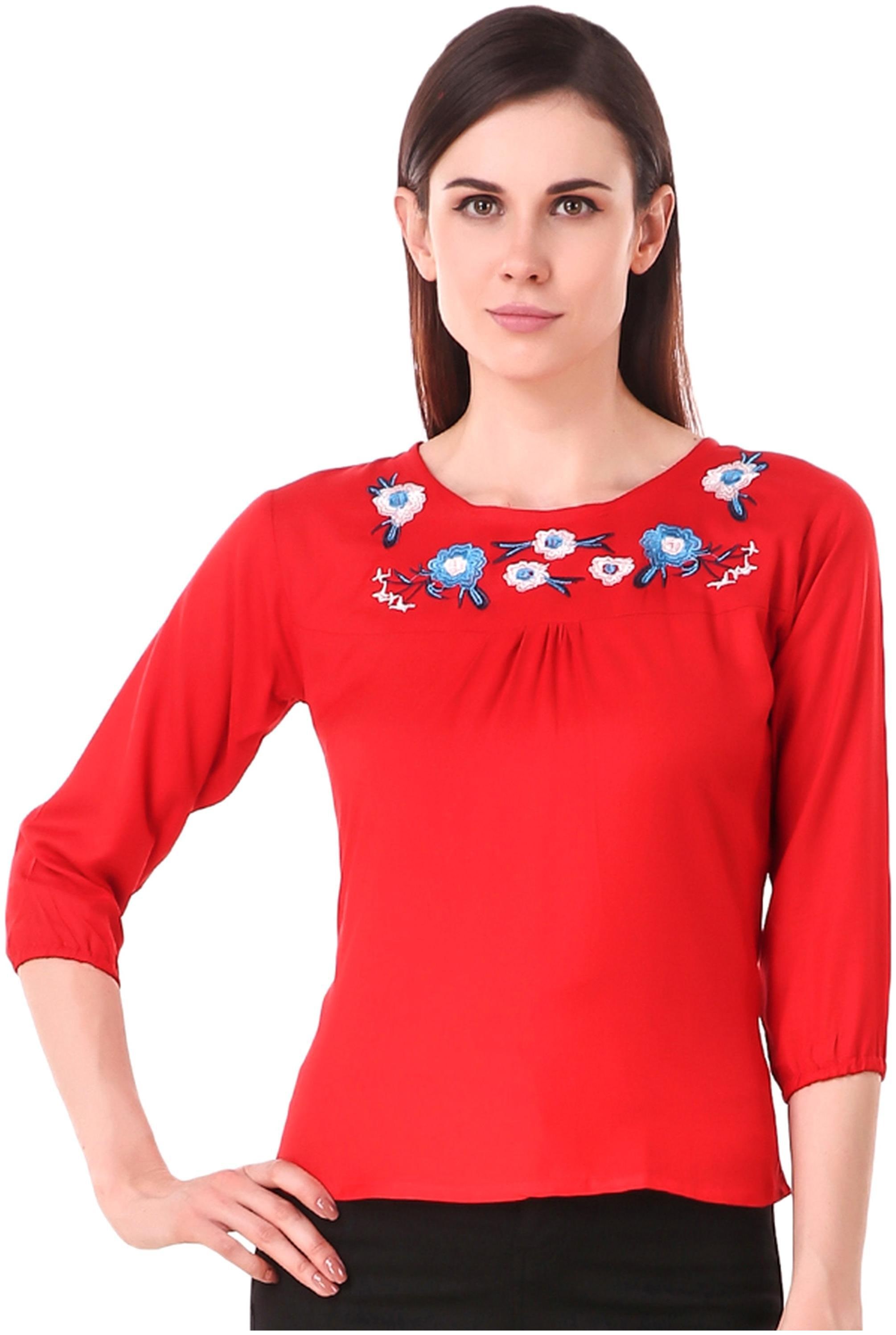 

Fasnoya Women Embroidered Blouson top - Red