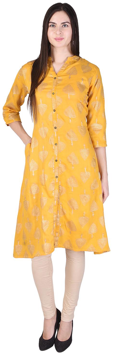 

Fema SKY Rayon Leaf Print Straight V-Neck 3 4 Sleeve Casual Party Wear Women s Kurti