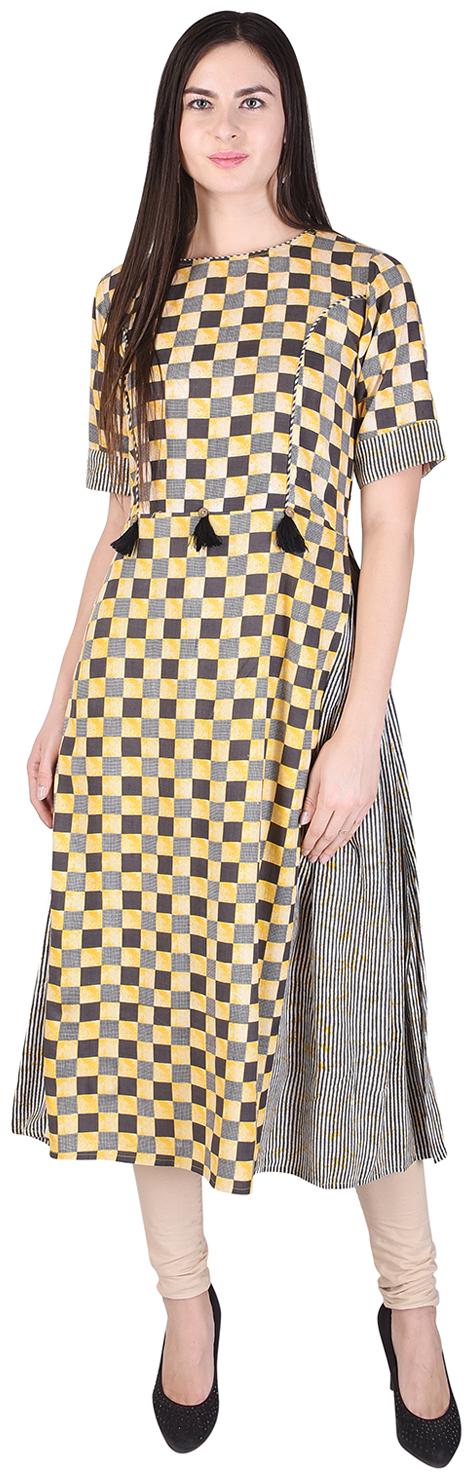 

Fema SKY Rayon Block Print Anarkali Round Neck Half Sleeve Casual Party Wear Women s Kurti