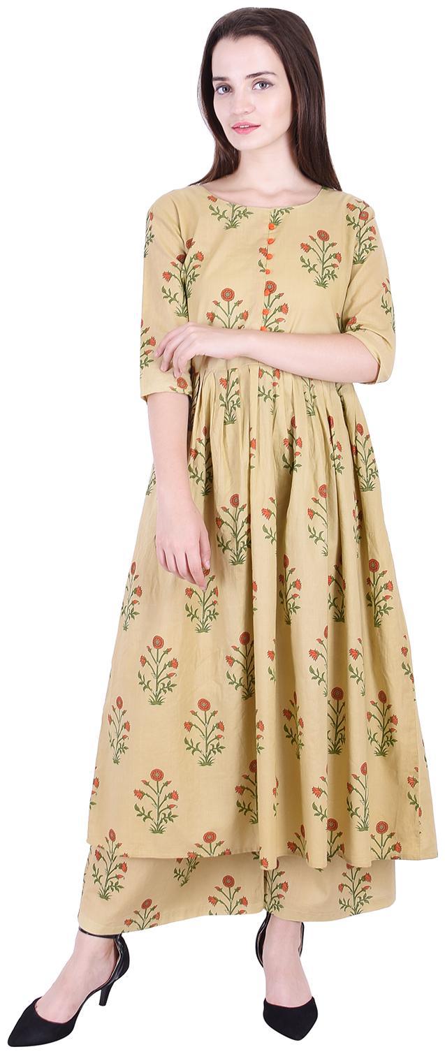 

Fema SKY Women s Cotton Light Brown Printed Kurti with palazoo