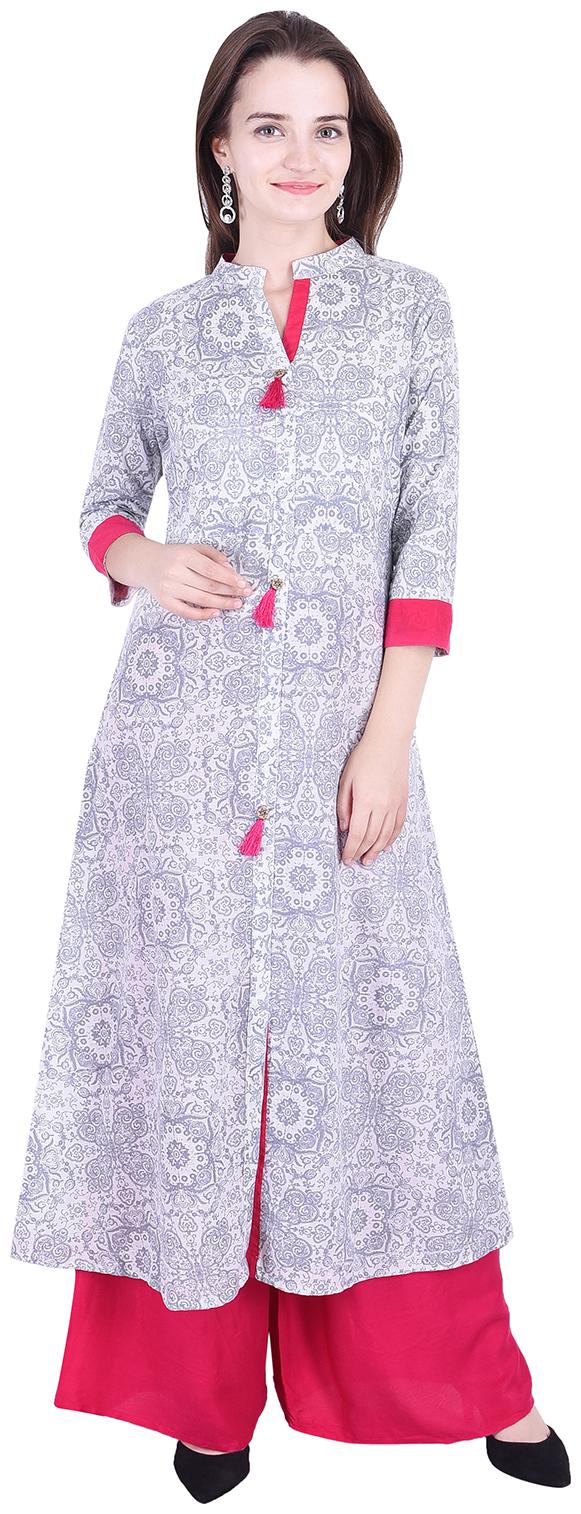 

Fema SKY Women s Cotton Grey A-line Printed Kurti with palazoo