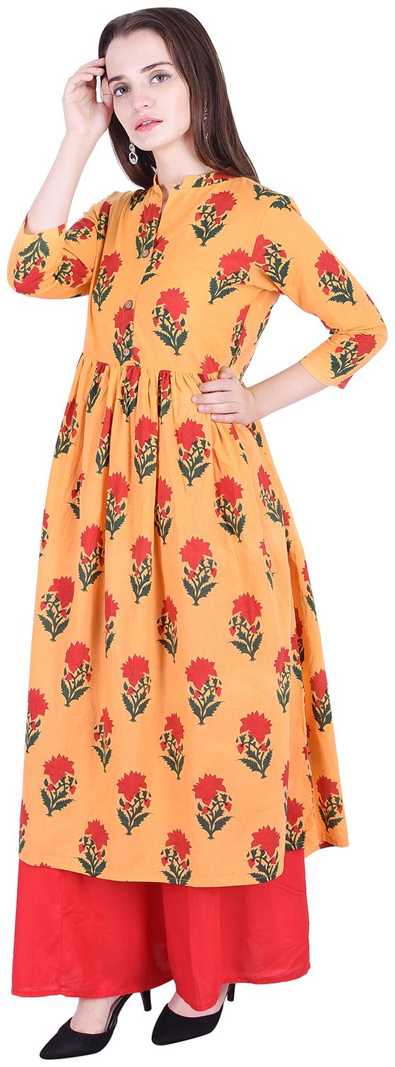 

Fema SKY Women s Cotton Yellow Flared Floral Print Kurti with palazoo
