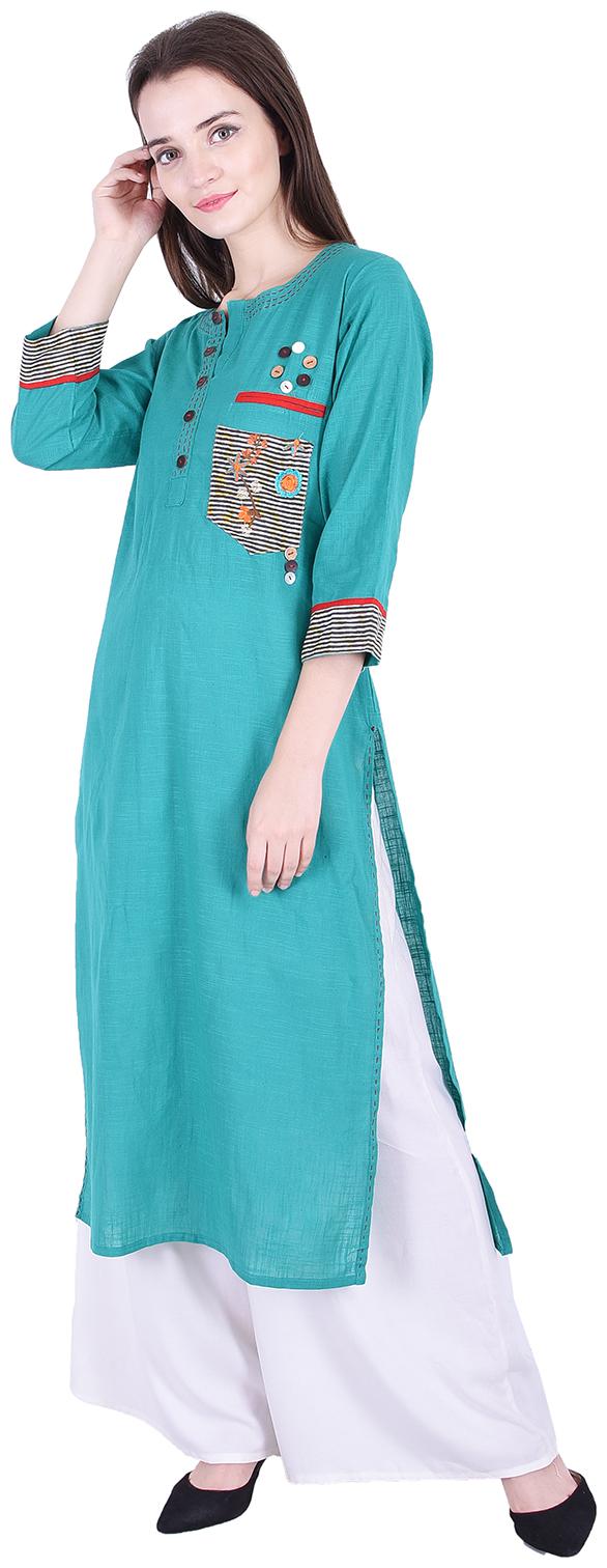 

Fema SKY Women s Cotton Green straight Solid Kurti with palazoo