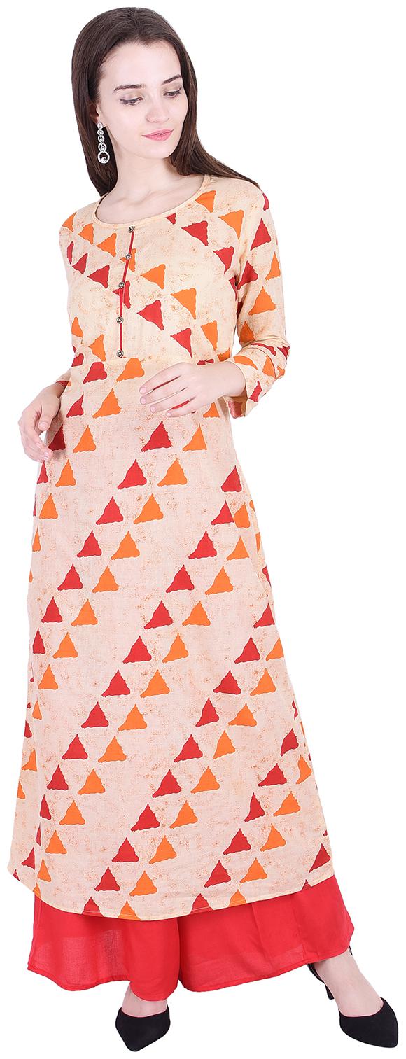 

Fema SKY Women s Rayon Orange A-Line Printed Kurti with palazoo