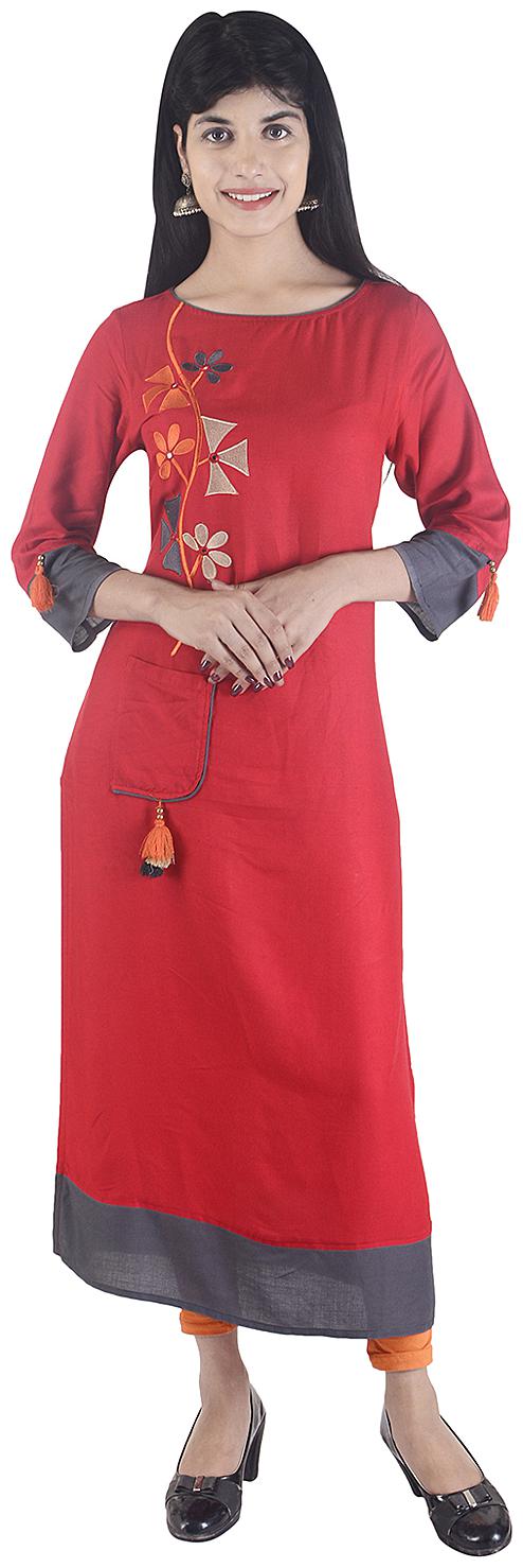 

Fema SKY Women Red Embroidered Straight Kurta