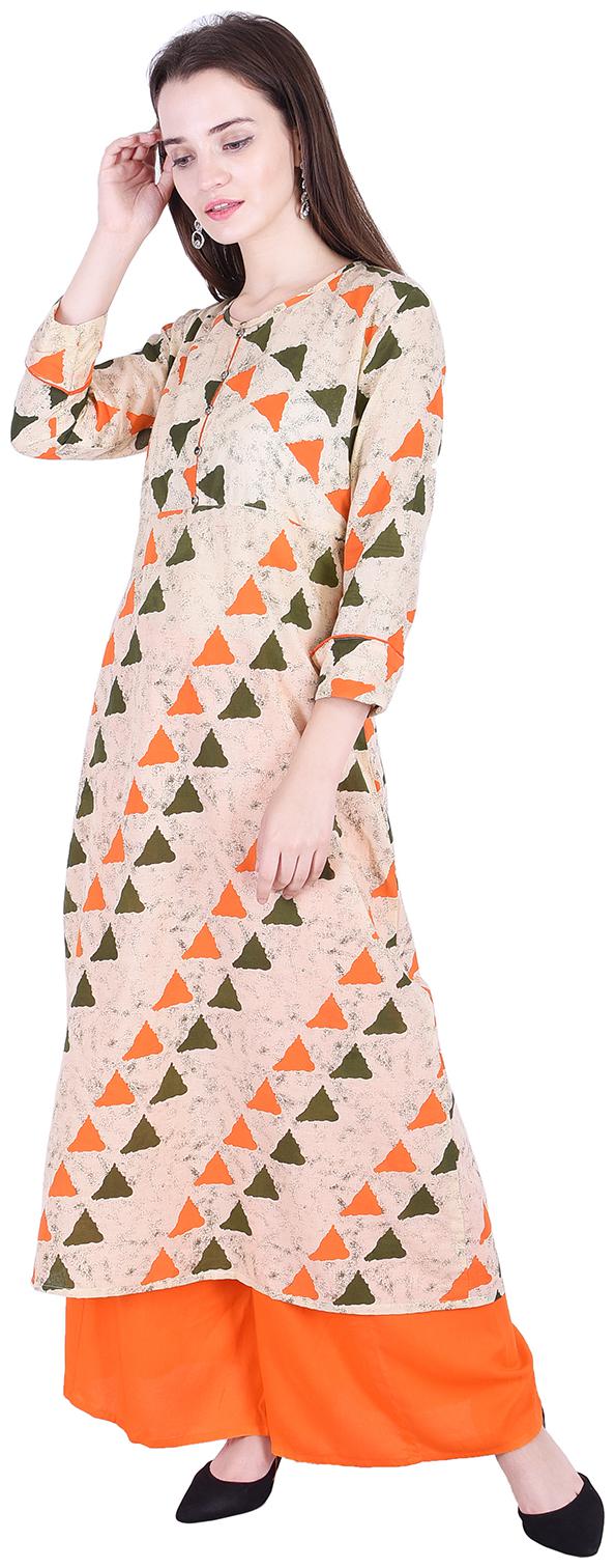 

Fema SKY Women s Rayon Green A-Line Printed Kurti with palazoo