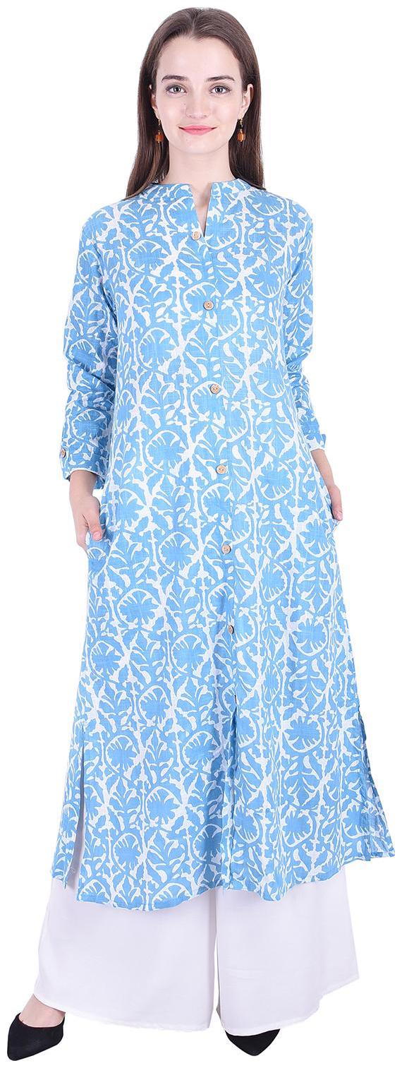 

Fema SKY Women s Blue Cotton Floral Print Kurti