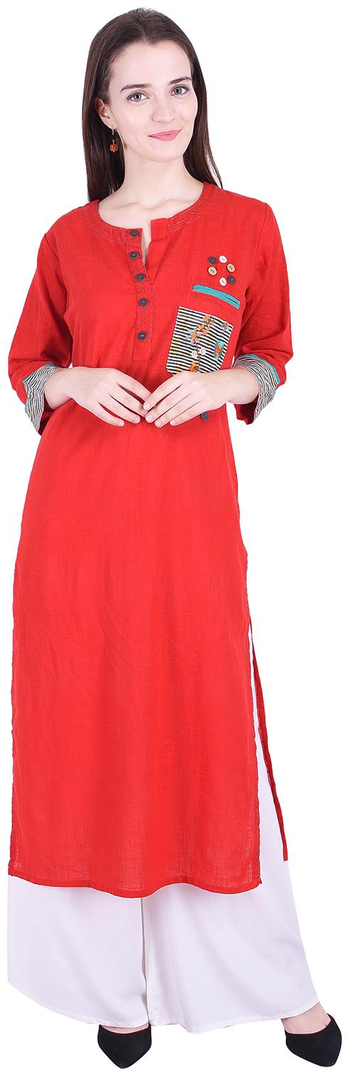 

Fema SKY Women s Cotton Red straight Solid Kurti with palazoo