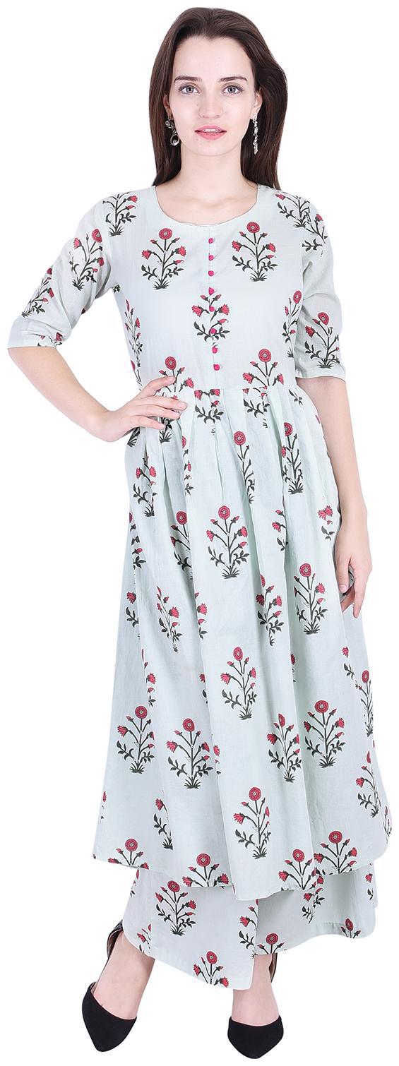 

Fema SKY Women s Cotton Green Printed Kurti with palazoo