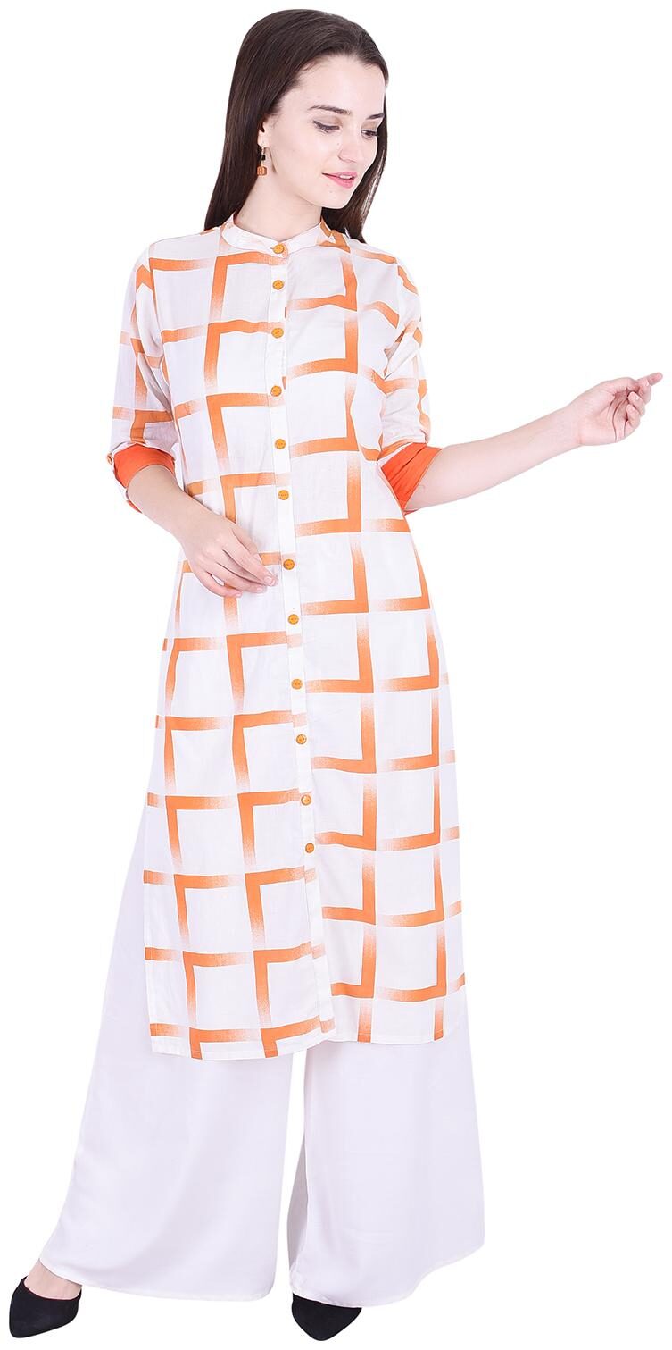 

Fema SKY Women s Cotton Orange A-line Printed Kurti with palazoo
