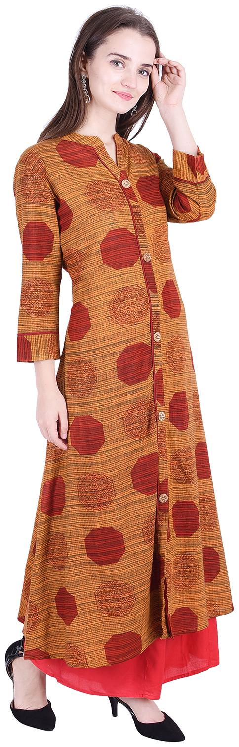 

Fema SKY Women s Cotton Mustard A-Line Printed Kurti with palazoo