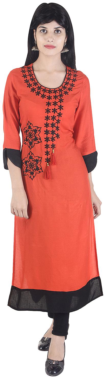 

Fema SKY Women Orange Embroidered Straight Kurta