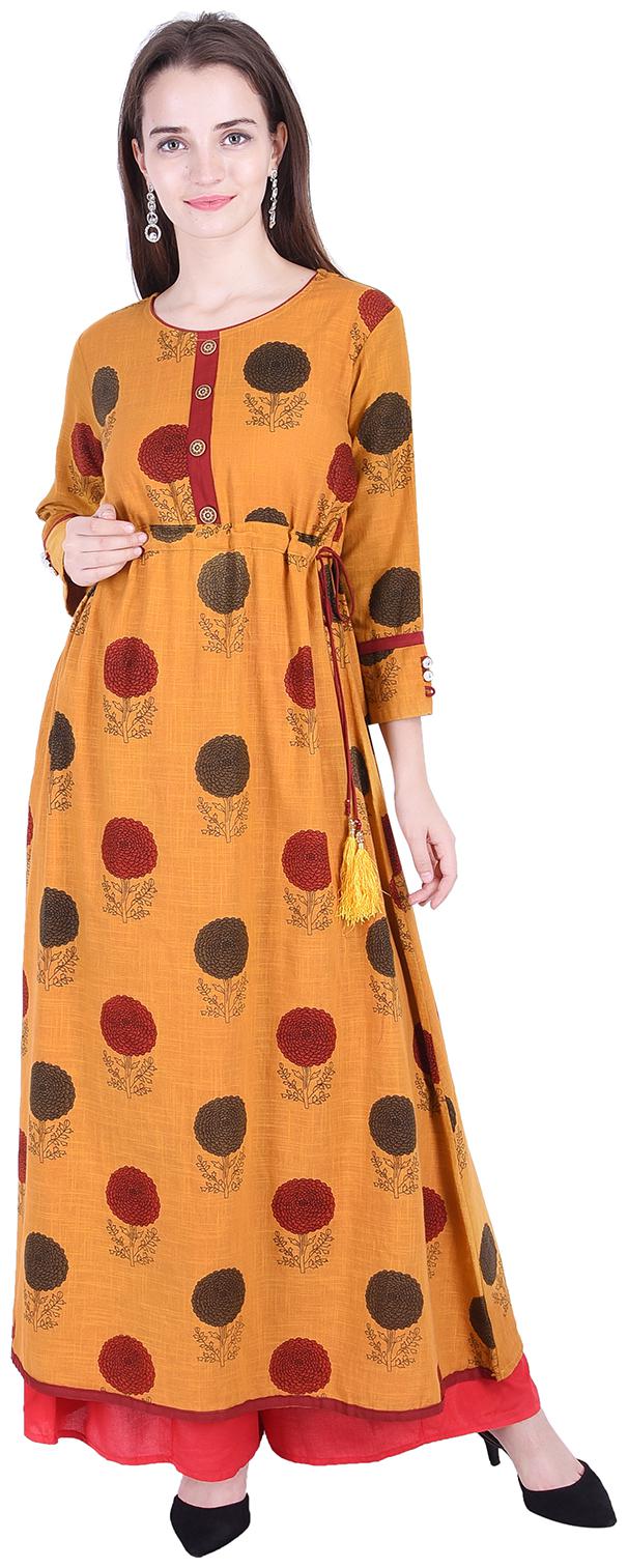 

Fema SKY Women s Cotton Yellow flared Printed Kurti with palazoo