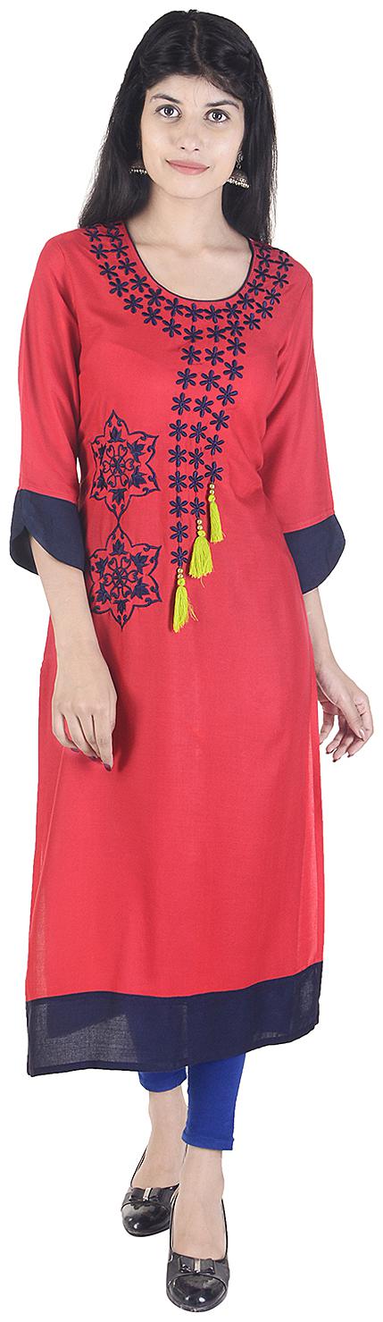 

Fema SKY Women Red Embroidered Straight Kurta