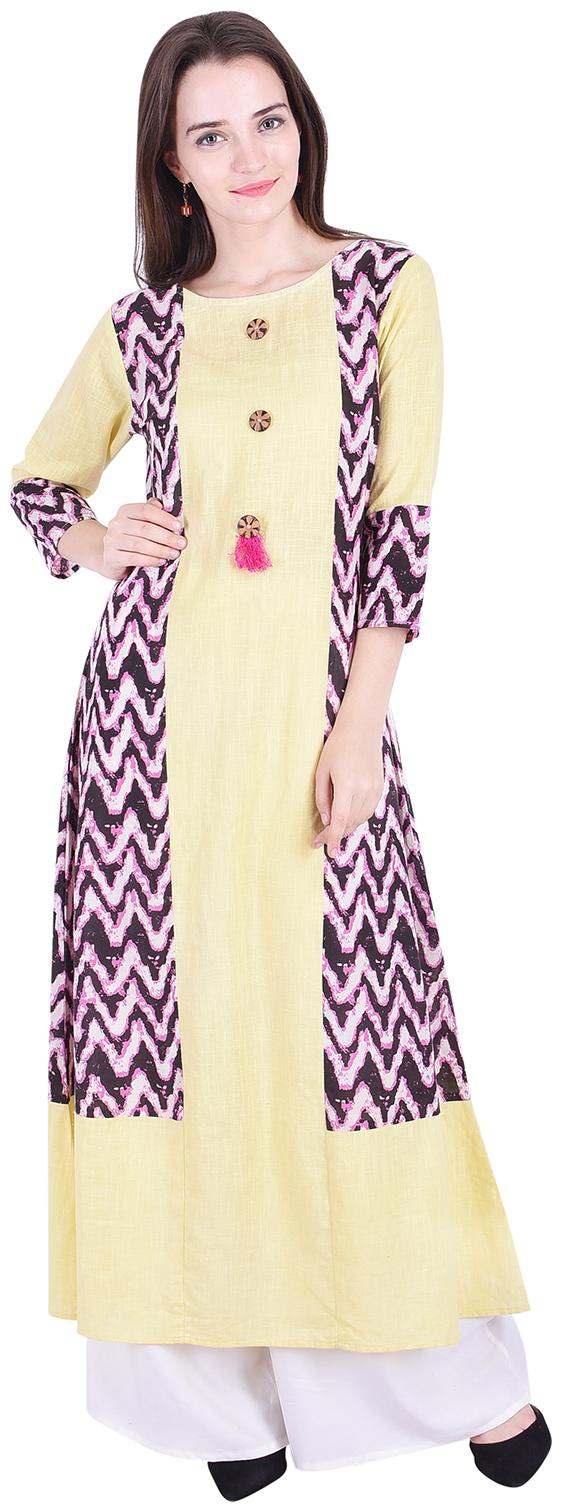

Fema SKY Women s Cotton Yellow A-line Printed Kurti with palazoo