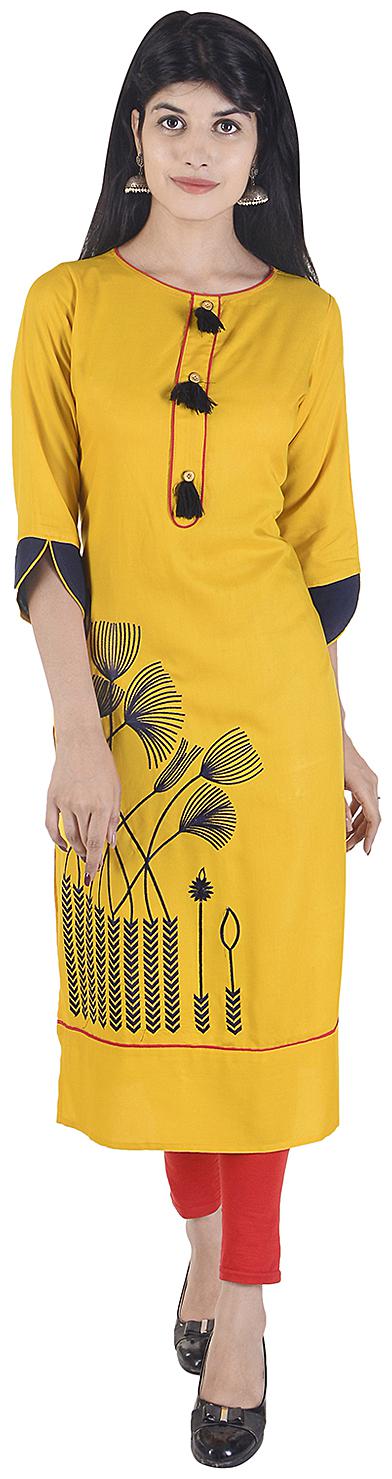 

Fema SKY Women Yellow Embroidered Straight Kurta