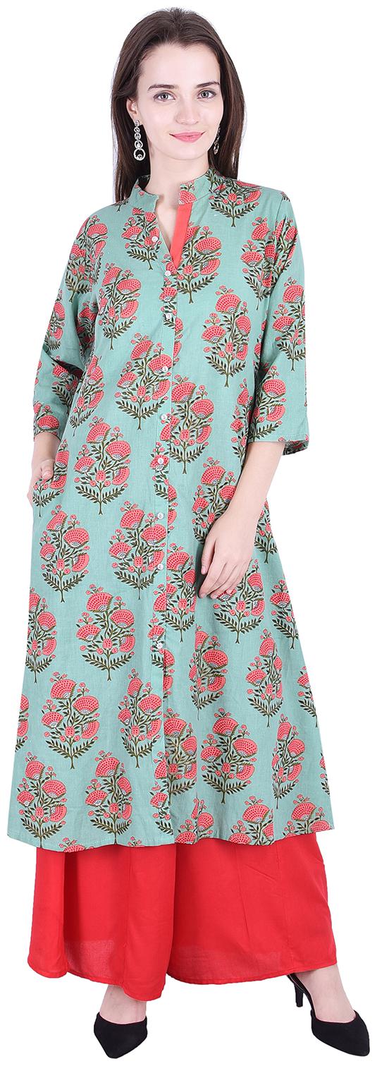 

Fema SKY Women s Rayon Green A-line Printed Kurti with palazoo