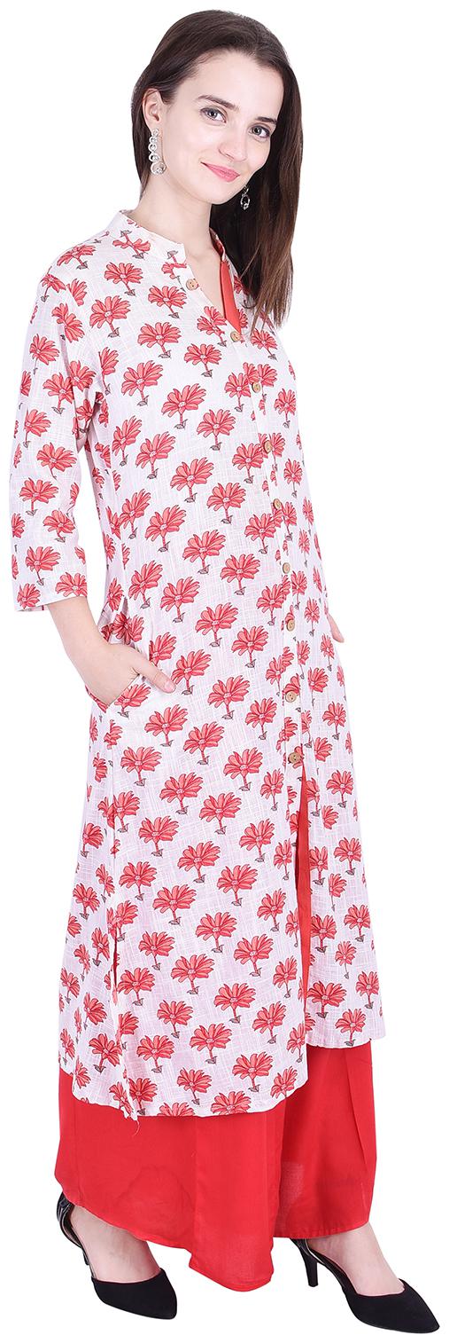

Fema SKY Women s Cotton Red A-line Floral Print Kurti with palazoo
