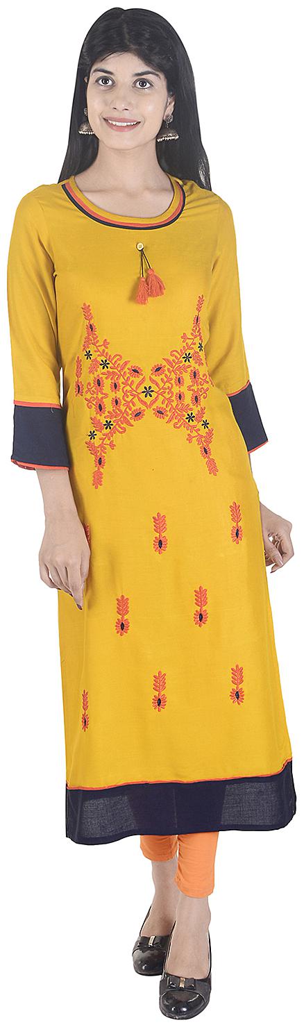 

Fema SKY Women Yellow Embroidered Straight Kurta