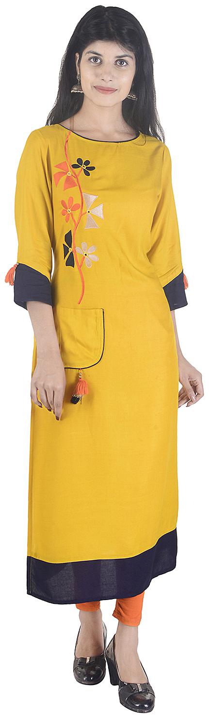

Fema SKY Women Yellow Embroidered Straight Kurta