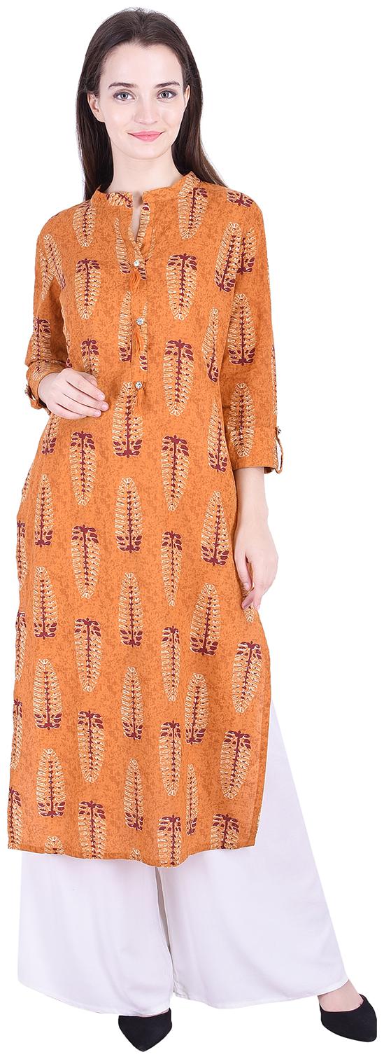

Fema SKY Women s Cotton Yellow straight Printed Kurti with palazoo