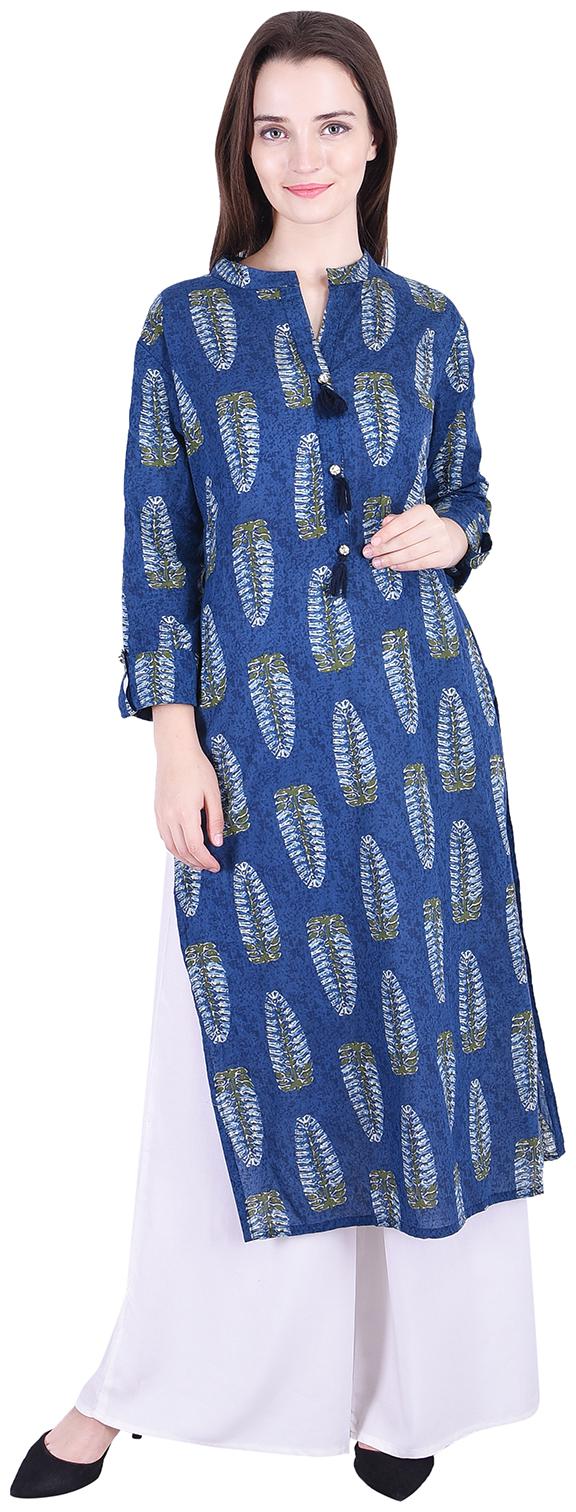 

Fema SKY Women s Cotton Blue straight Printed Kurti with palazoo