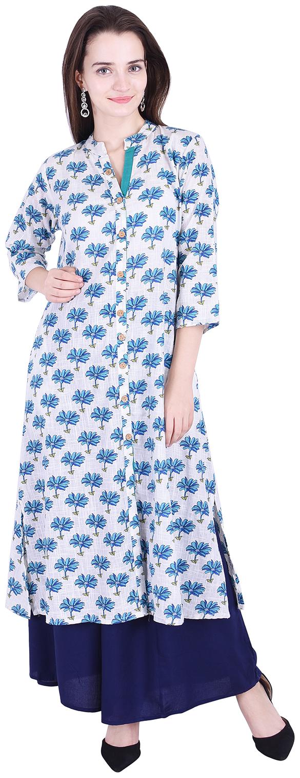 

Fema SKY Women s Cotton Blue A-line Floral Print Kurti with palazoo
