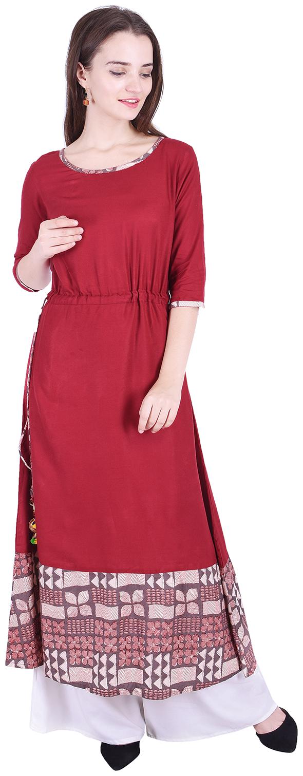 

Fema SKY Women s Rayon Red Anarkali Solid Kurti with palazoo