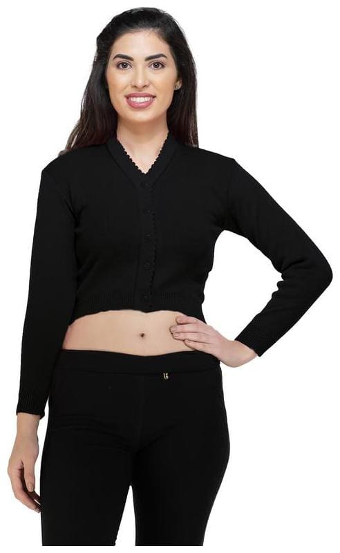 FEMULA V-Neck Women Full Sleeves Stitched Blouse (Black)