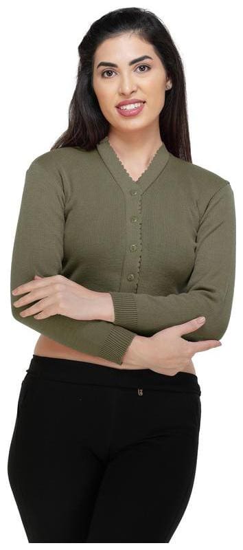 FEMULA V-Neck Women Full Sleeves Stitched Blouse (Dirty Green)