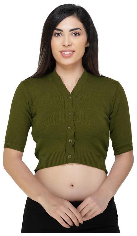 FEMULA V- Neck Women 3/4th Sleeves Stitched Blouse (Olive Green)