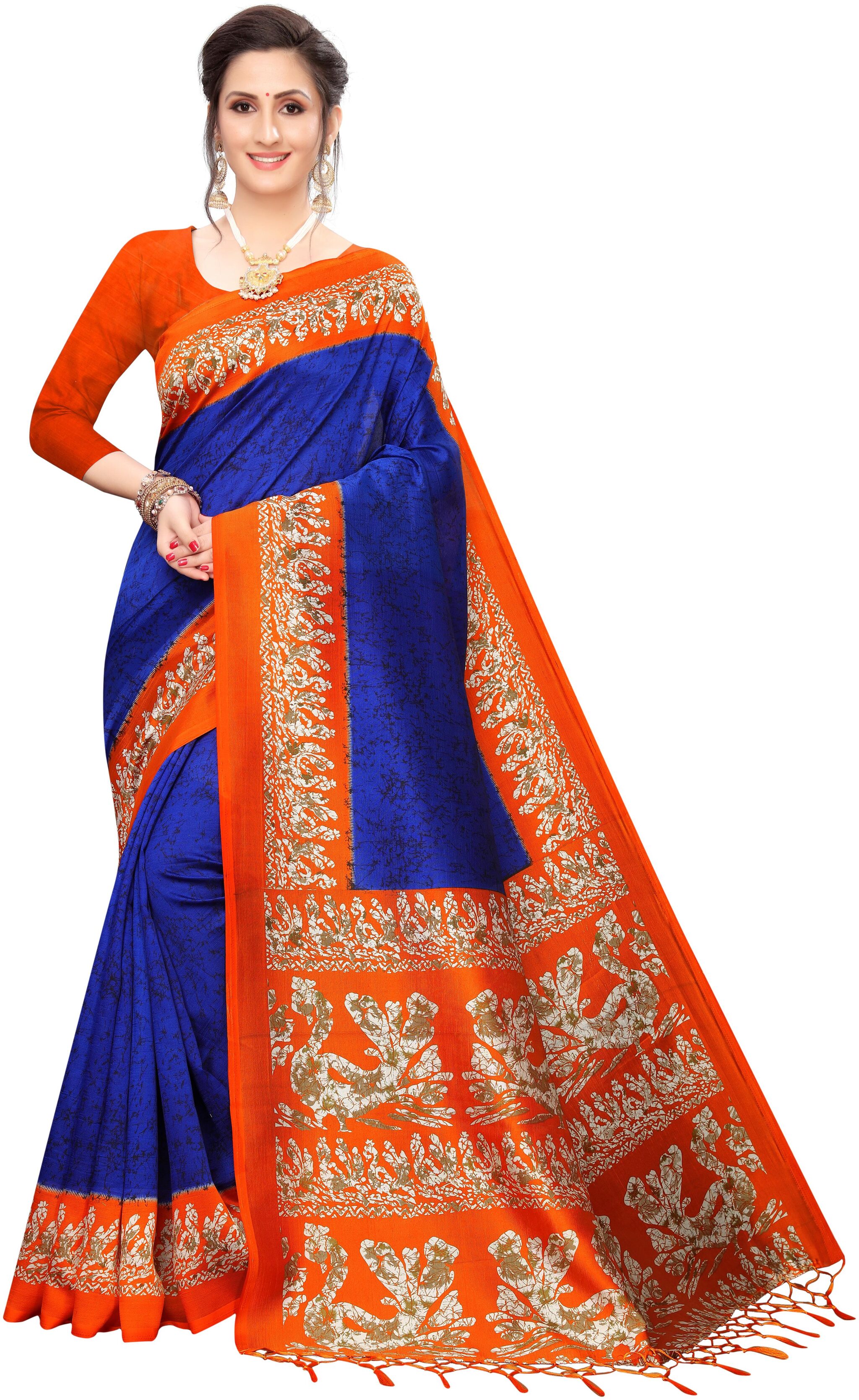 

FIESTREE Silk Animal Print Orange Blue Regular Saree For Women