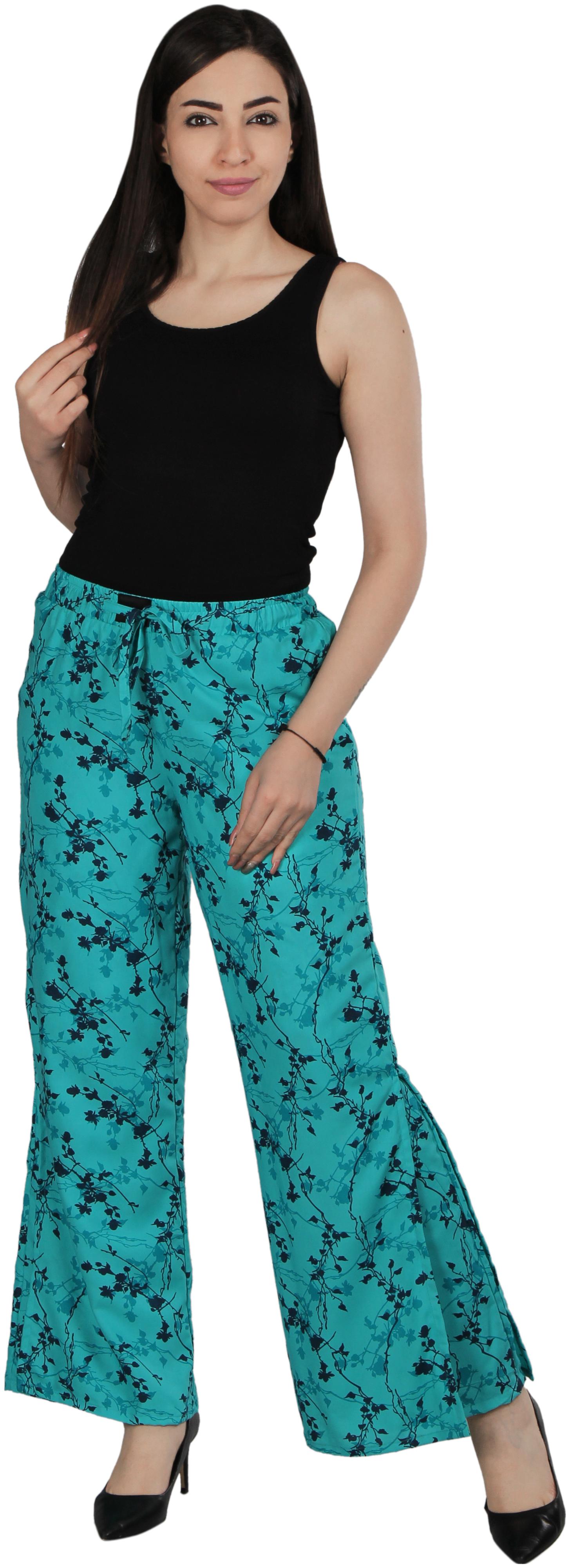 

Flamboyant Blue Leaf Print Reyon Slit Palazzo For Women