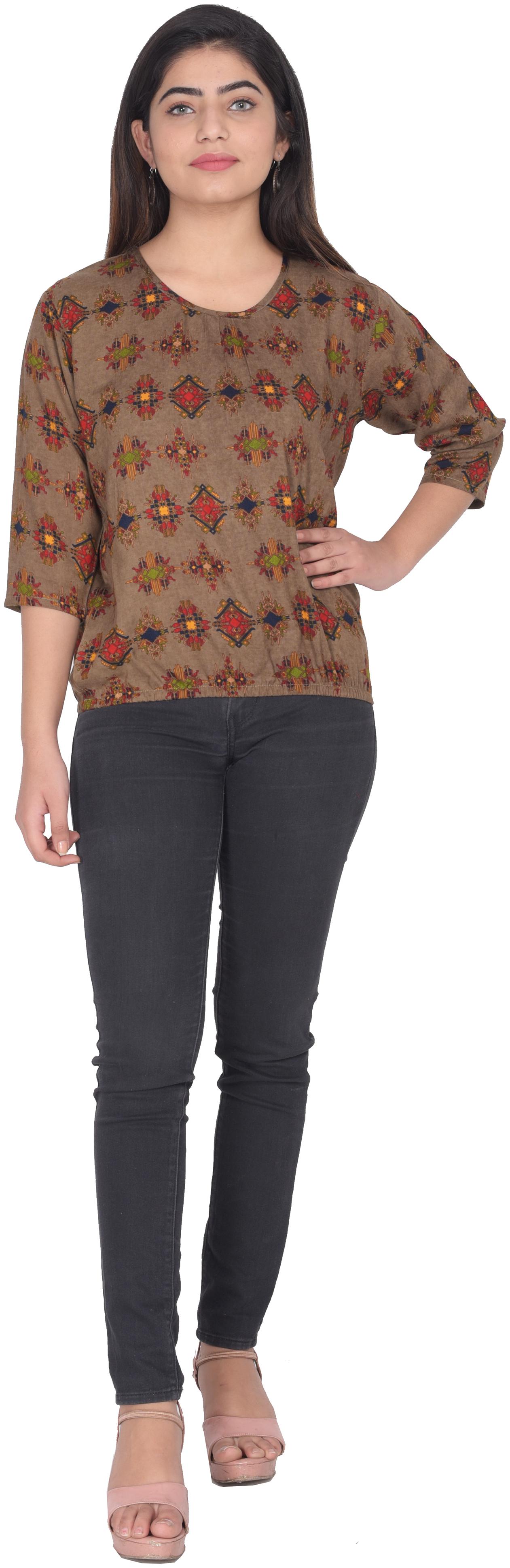 

Flamboyant Women Self design Regular top - Brown