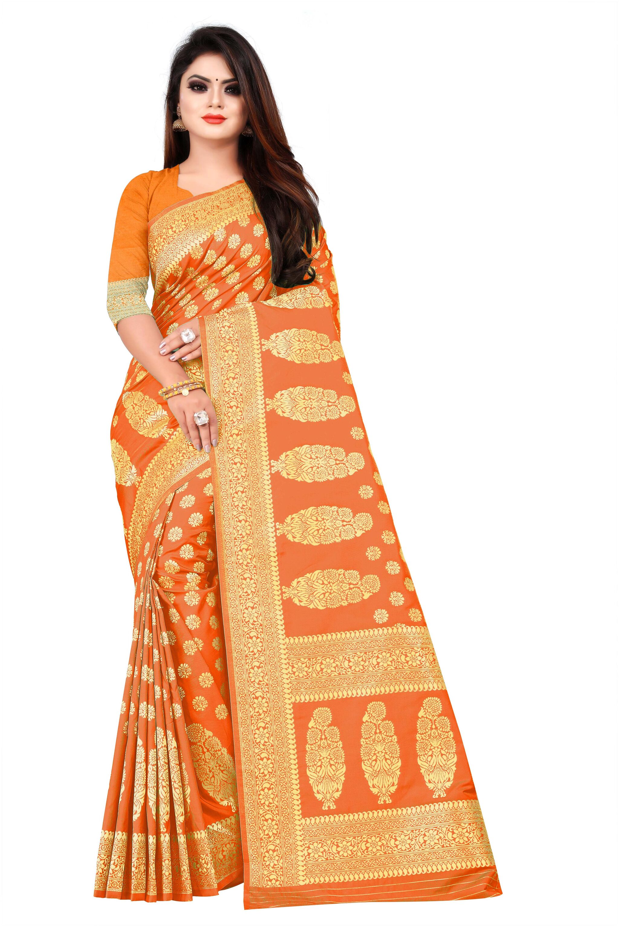 

Flareon Women s Banarasi Silk Saree With Blouse Piece ( Orange )