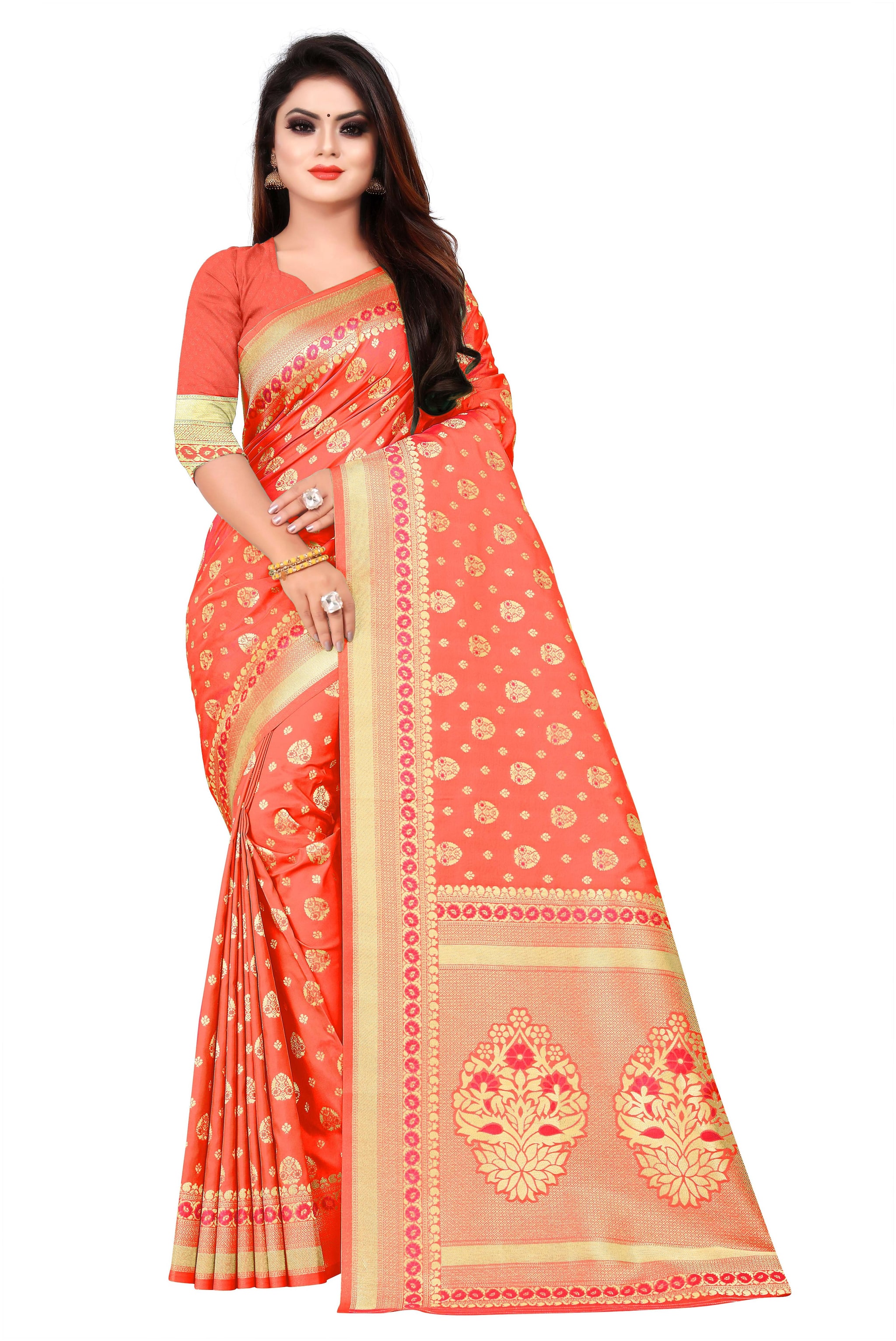 

flareon Women Silk Woven Red Regular Saree With Blouse