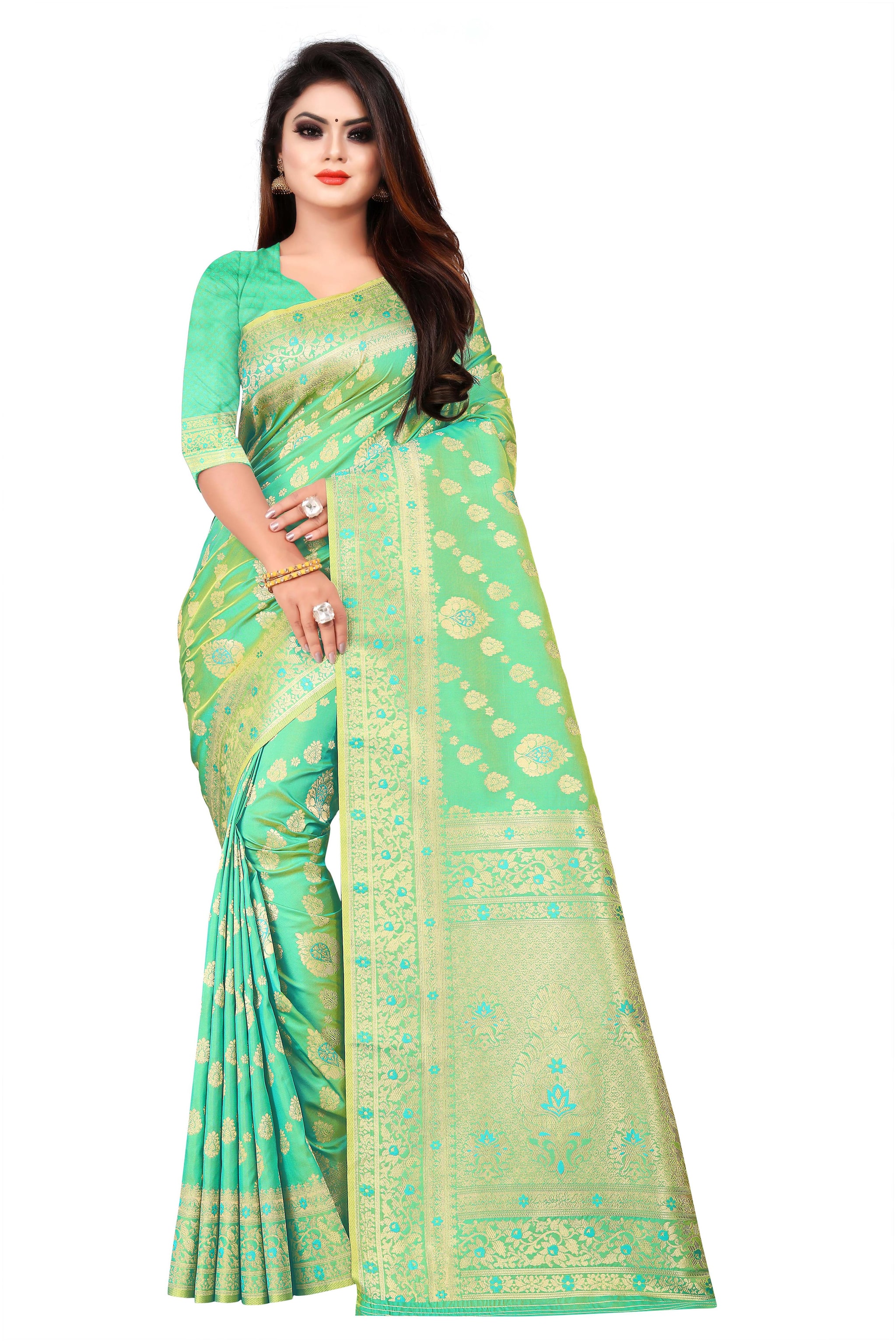 

Flareon Womens Banarasi Silk Saree With Blouse Piece( Green)