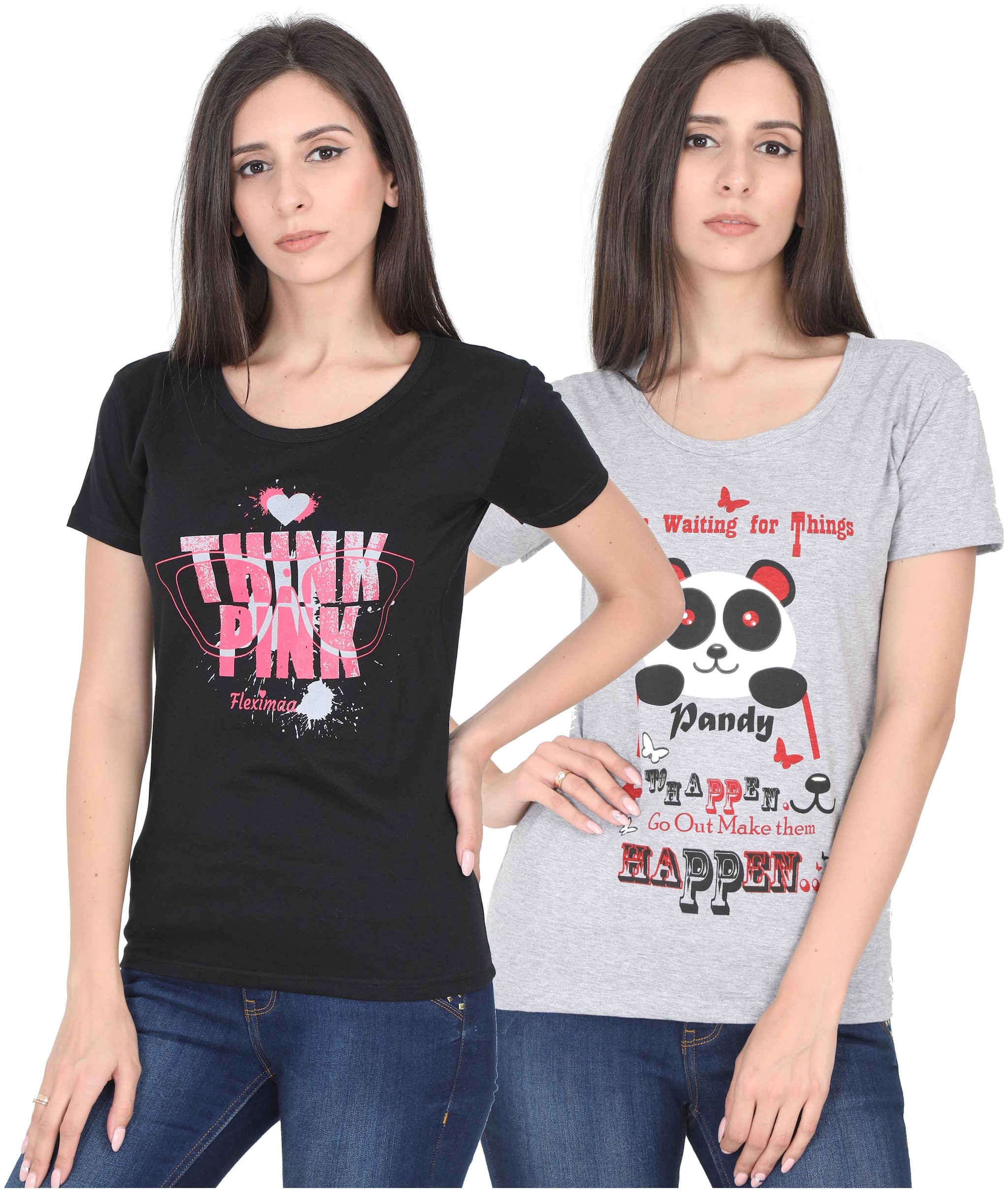

Fleximaa Women Black Grey Regular fit Round neck Cotton T shirt