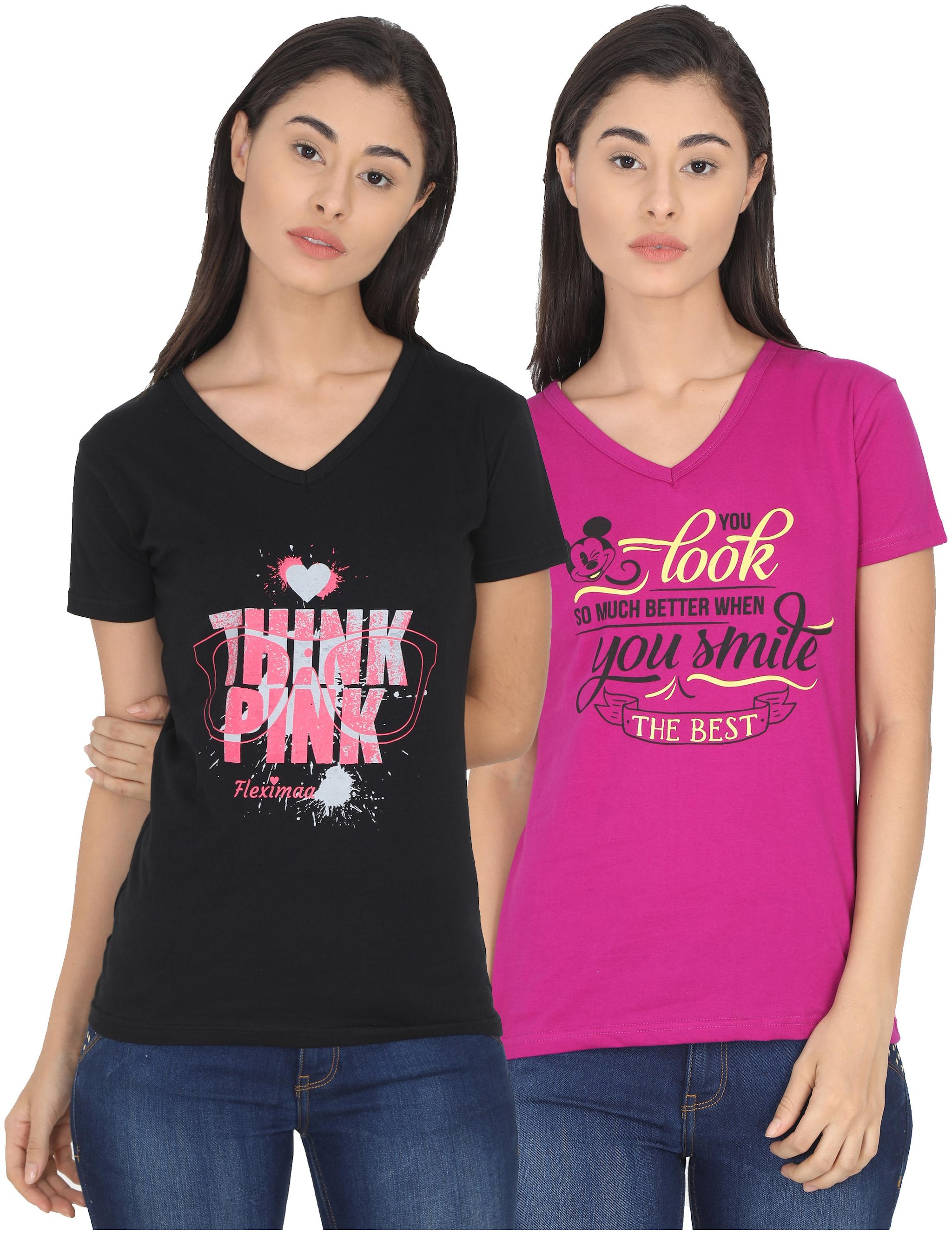 

Fleximaa Women Multi Regular fit V neck Cotton T shirt