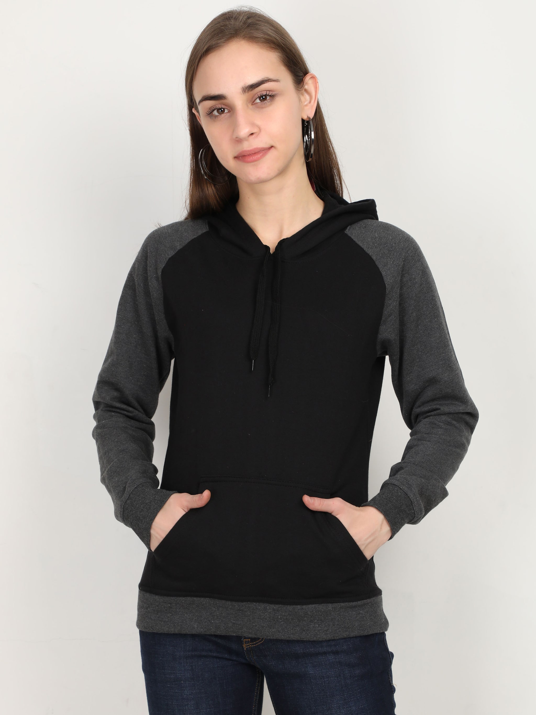 

Fleximaa Women Colourblocked Hoodie - Black Grey