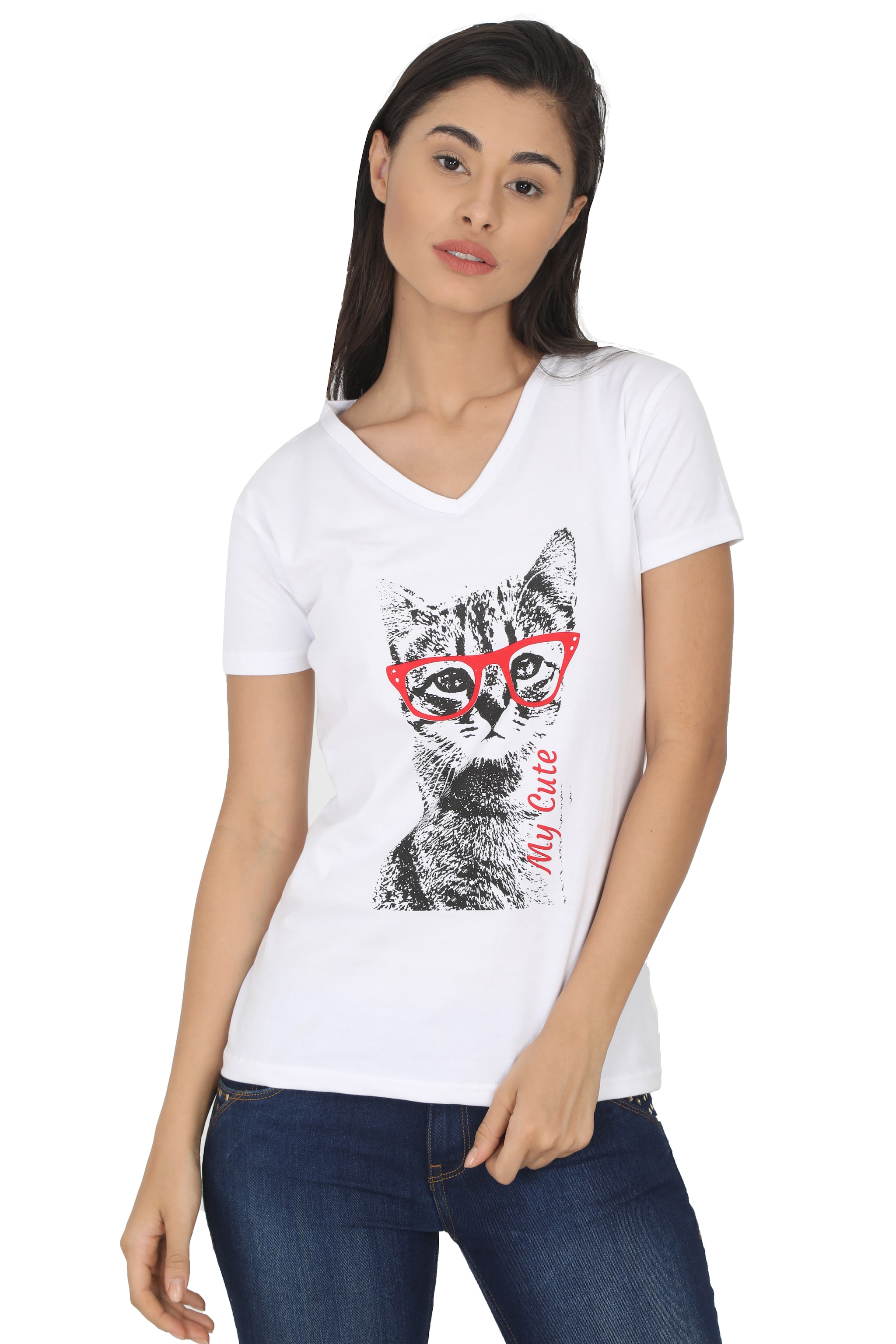 

Fleximaa Women White Regular fit V neck Cotton T shirt