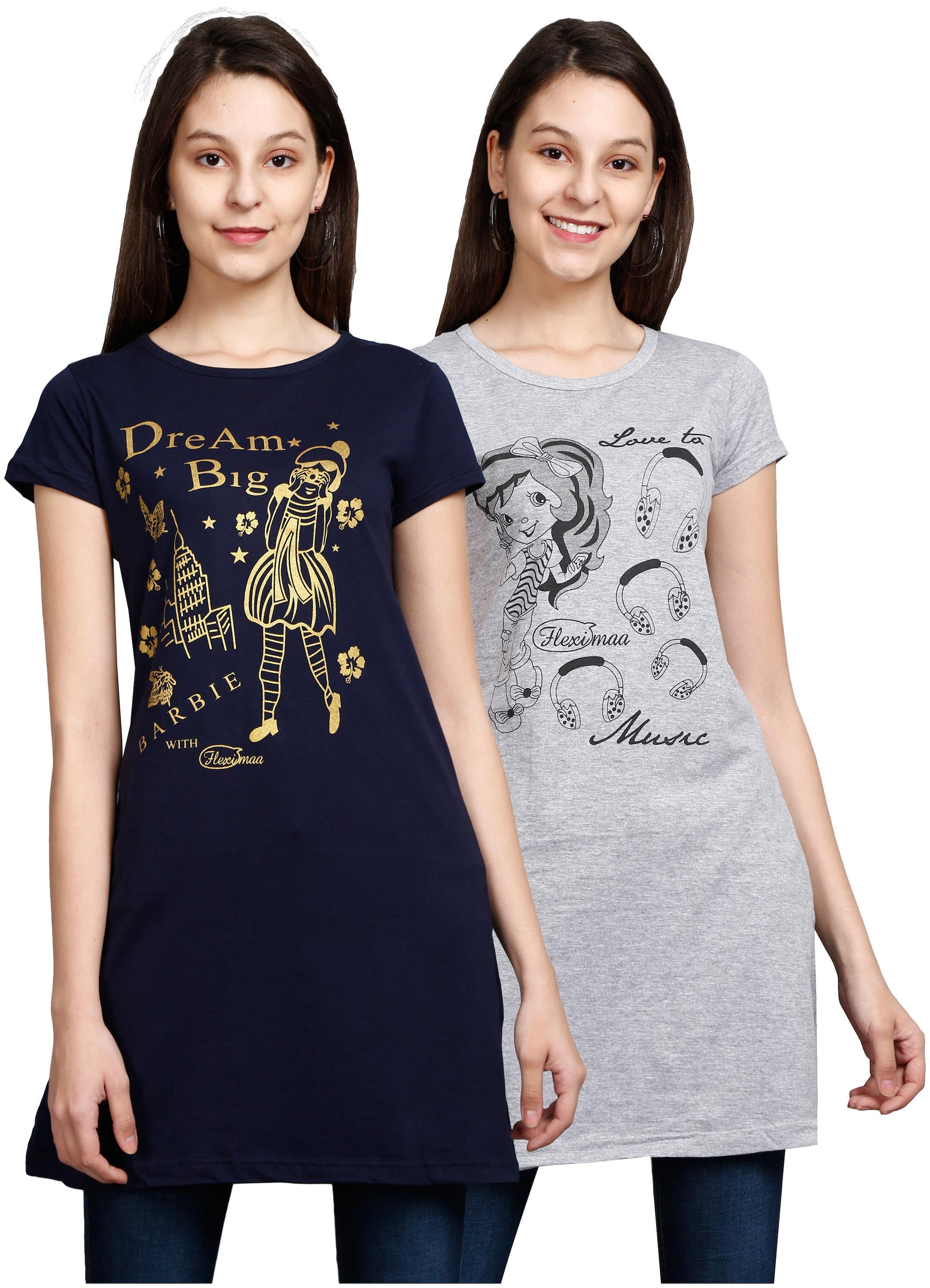 

Fleximaa Women s Cotton Round Neck Printed Longline T-Shirt(Navy Blue Grey)