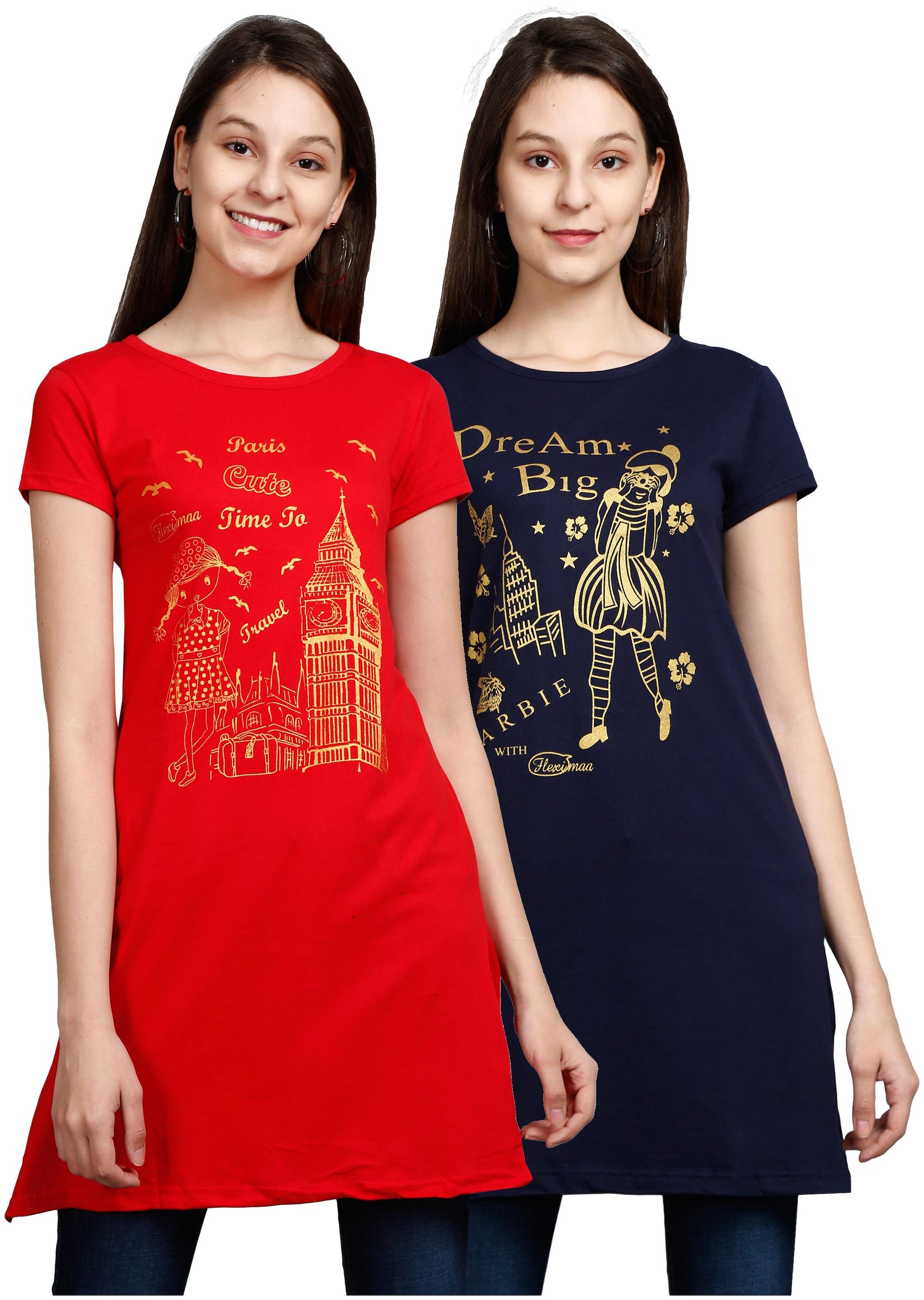 

Fleximaa Women s Cotton Round Neck Printed Longline T-Shirt(Red Navy Blue)