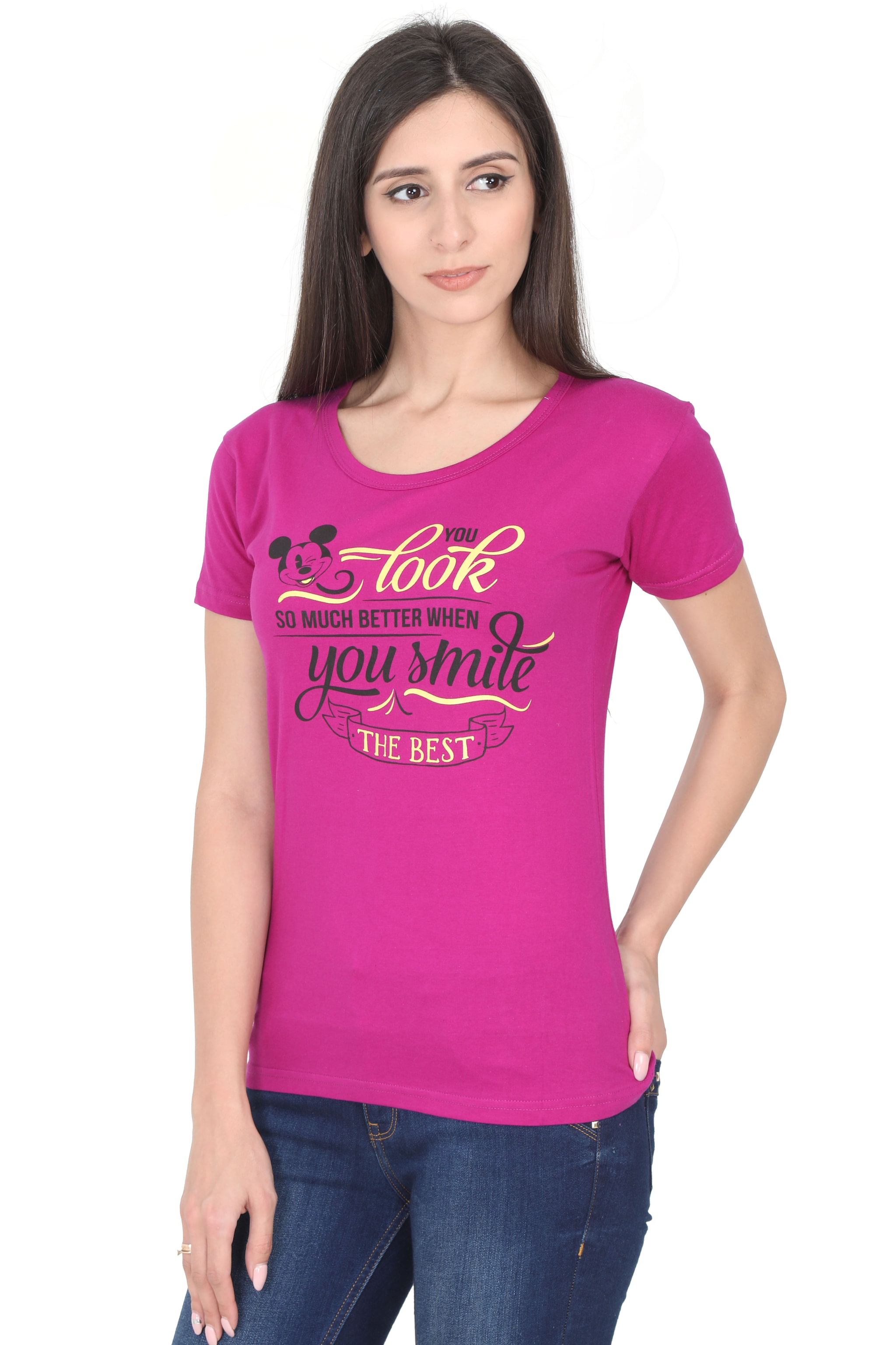 

Fleximaa Women Magenta Regular fit Round neck Cotton T shirt