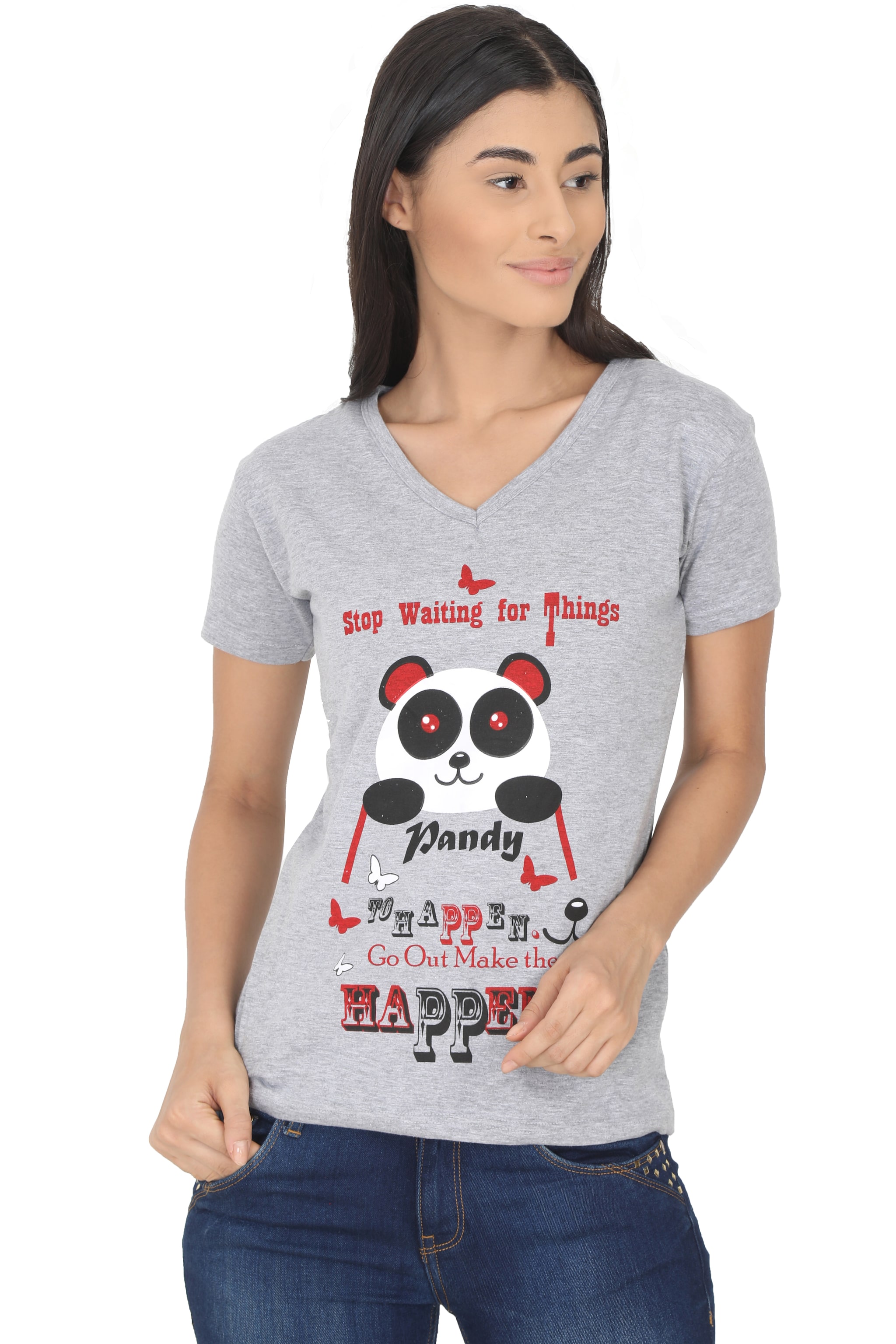 

Fleximaa Women Grey Regular fit V neck Cotton T shirt