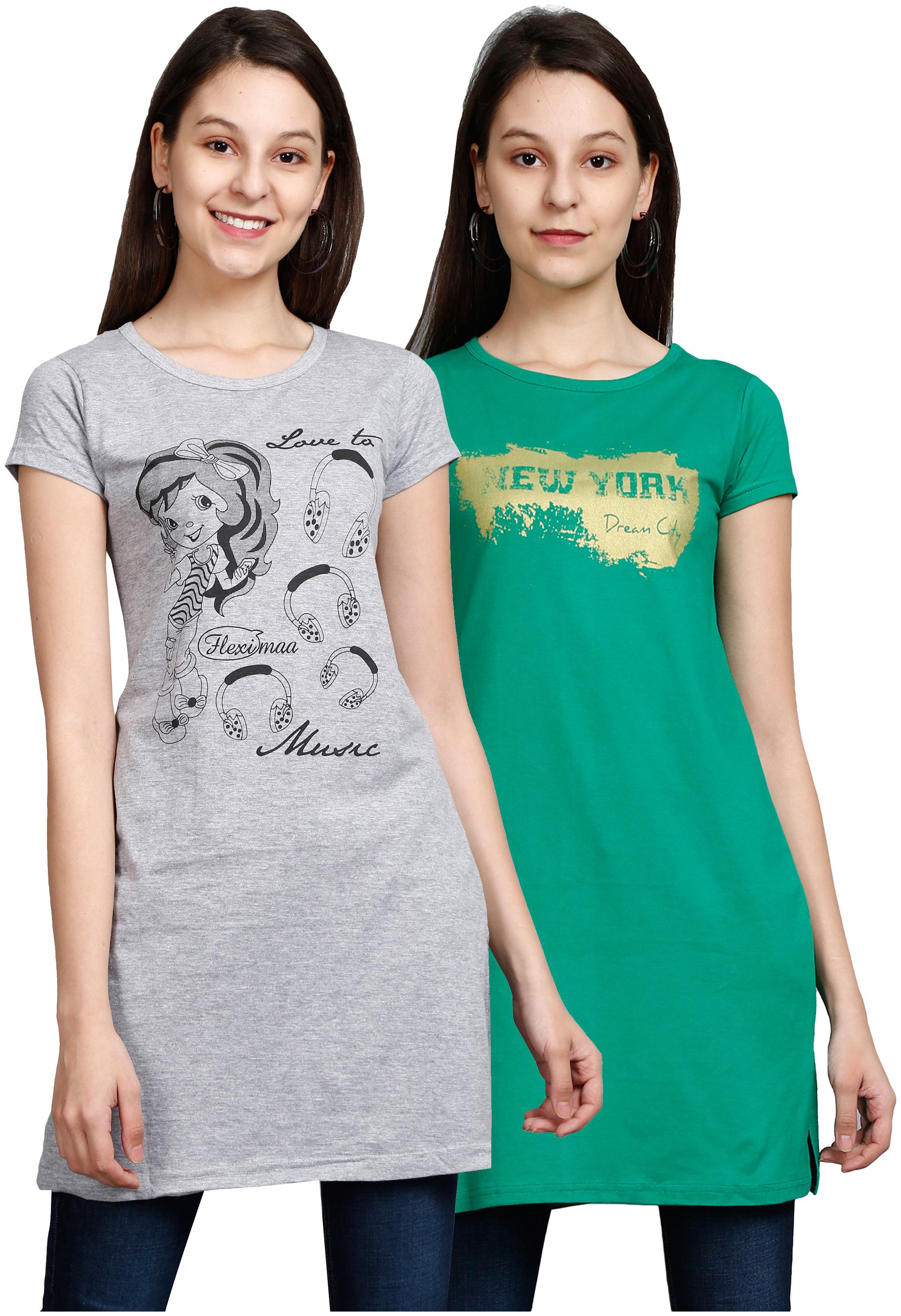 

Fleximaa Women Green Grey Regular fit Round neck Cotton T shirt